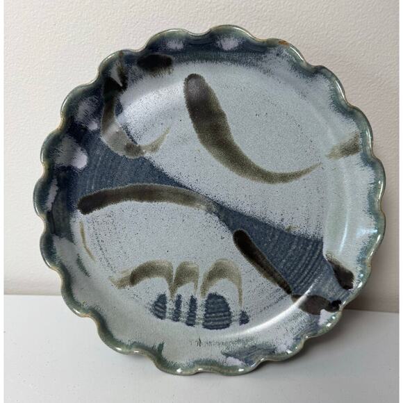 Signed Art Pottery Pie Plate Beautiful Green Gray and Blue Swirl Design Glaze - Picture 2 of 8